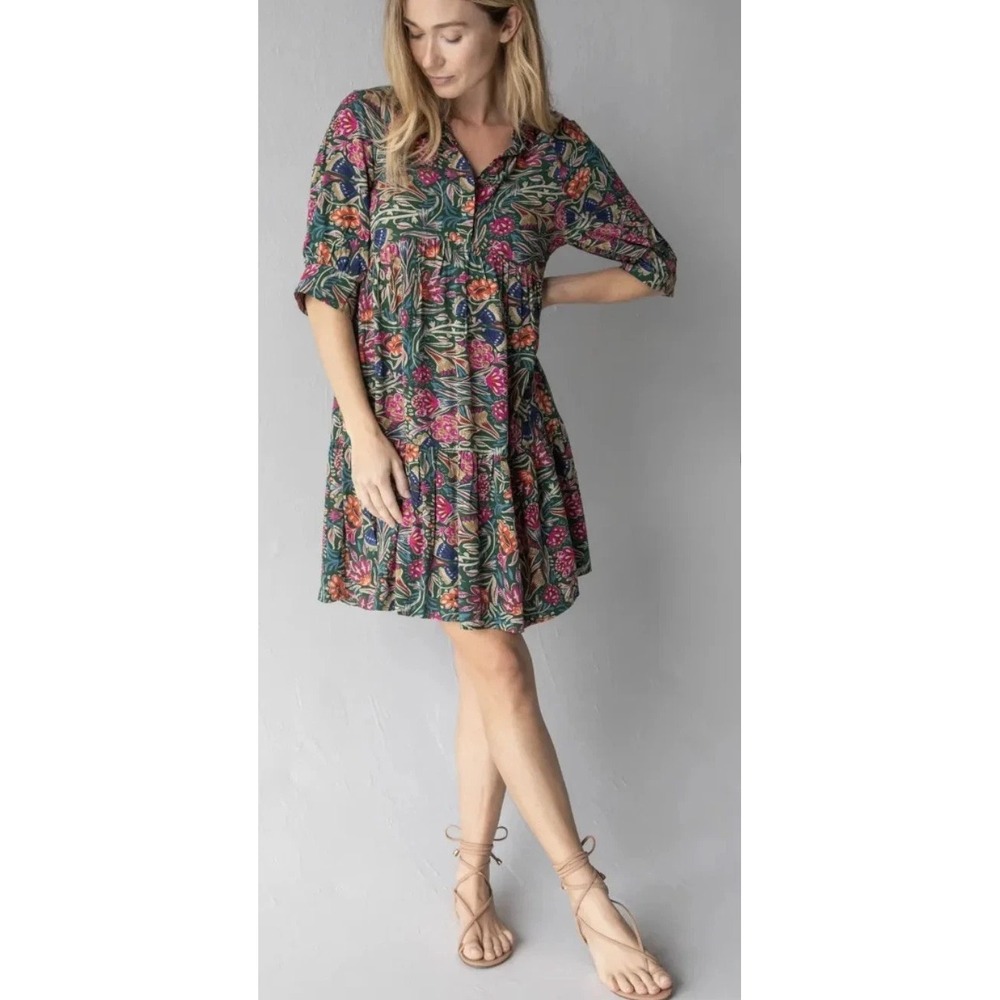 Natural Life Becca Mini Dress Green Floral Boho V Neck Rayon XL Short Sleeve